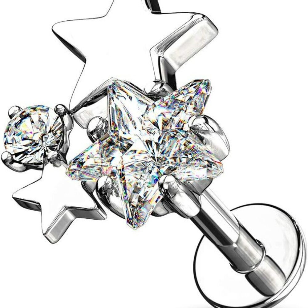 16GA Stainless Steel CZ Crystal Star Cluster Top Labret Monroe Cartilage Ear Stu